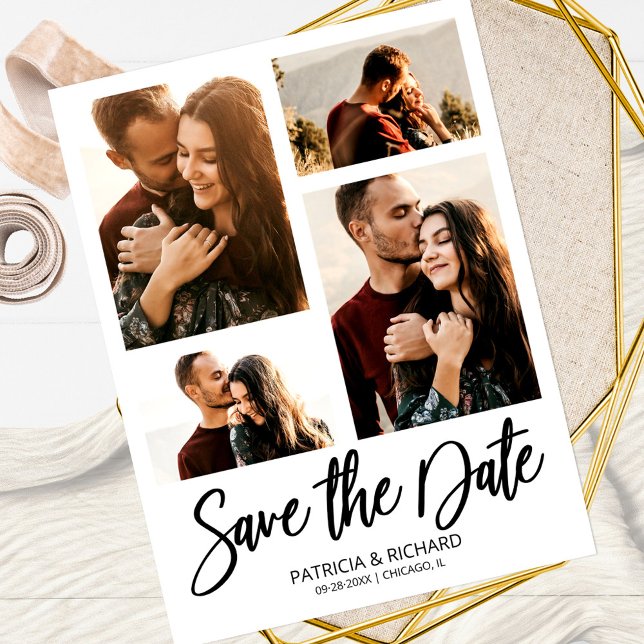Cartão Postal Modern Wedding Save The Date 4 Photo Collage (Criador carregado)