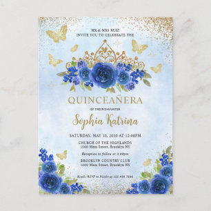 Cartão Postal Moderna Floral Real Azul Dourado Tiara Quinceañera