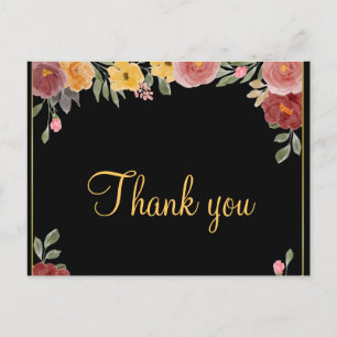 Cartão Postal Moderno Barato Dourado Floral Preto Obrigado 
