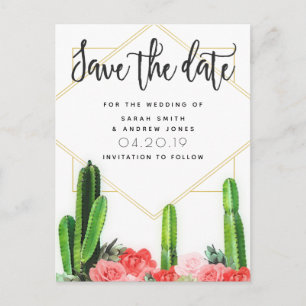 Cartão Postal Moderno Cactus, Succulent e Floral Salvar a Data