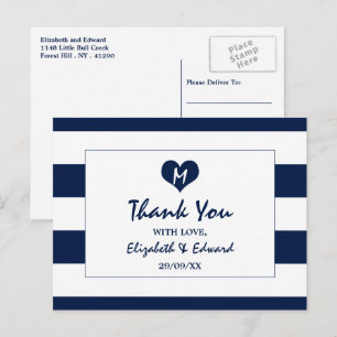 Cartão Postal Moderno Chic Obrigado Casamento Azul Marinho e Bra