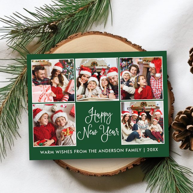 Cartão Postal Moderno Diversão da Caligrafia Verde 5 Foto Ano No (Customize to change your personalized text size or text style.)