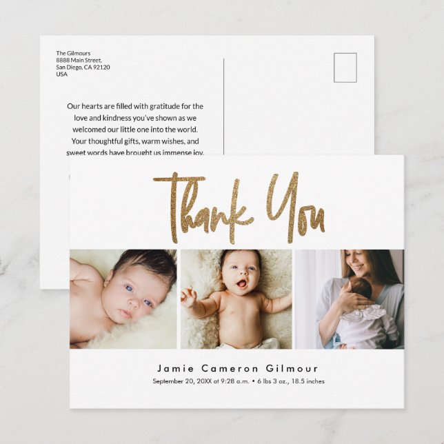 Cartão Postal Moderno Dourado Script Personalizado 3 Foto Bebê O (Frente/Verso)