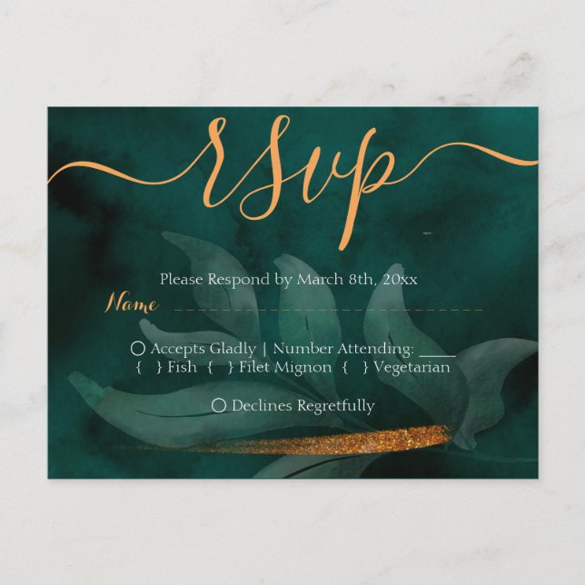 Cartão Postal moderno esmerald green e deixa RSVP (Frente)