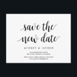 Cartão Postal Moderno rusticado, Salve a nova data, adiado<br><div class="desc">Este é o moderno design simples e simples,  com tema,  em preto,  o convite de Festa de casamento Reprogramado (adiado/adiado) (salve a nova data). É a maneira perfeita e elegante de fazer o anúncio de reagendamento para seus amigos e família.</div>