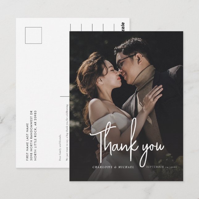 Cartão Postal Moderno Script Elegante Obrigado Foto de Casamento (Frente/Verso)