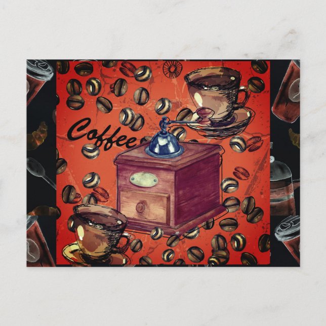 Cartão Postal Moinho de Café Antigo Grãos de Espresso (Frente)