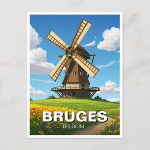 Cartão Postal Moinho de vento em Bruges Belgium Viagem Souvenir