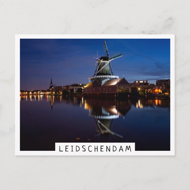 Cartão Postal Moinho de vento Leidschendam com reflexão à noite (Frente)