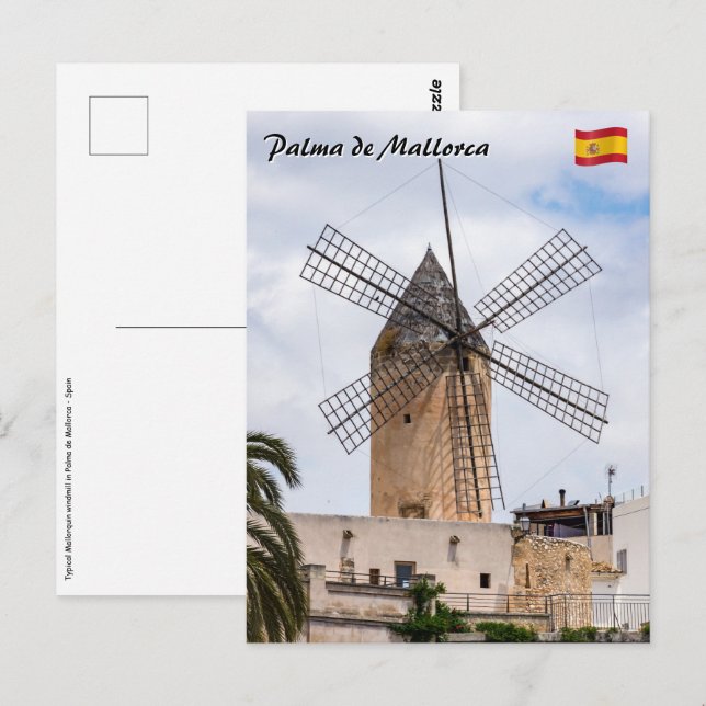 Cartão Postal Moinho de vento tradicional em Palma de Maiorca -  (Frente/Verso)