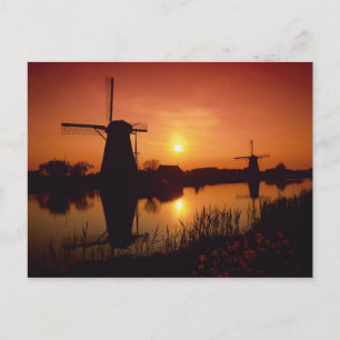 Cartão Postal Moinhos de vento ao pôr do sol, Kinderdijk, Holand