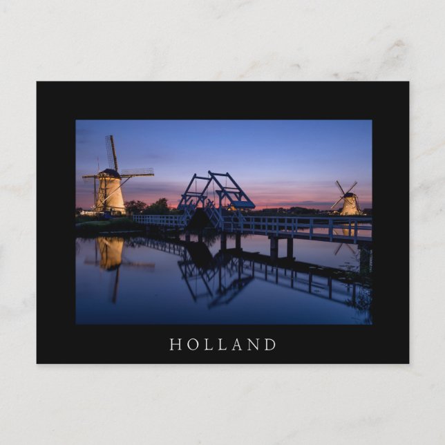 Cartão Postal Moinhos de vento e ponte levadiça ao pôr do sol ca (Frente)
