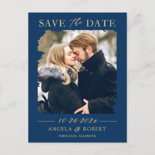 Cartão Postal Moldura de Foto Azul Marinho Dourada Save the Date