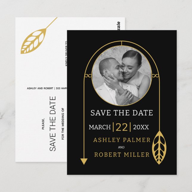 Cartão Postal Moldura de ouro moderno com casamento de folhas e  (Frente/Verso)