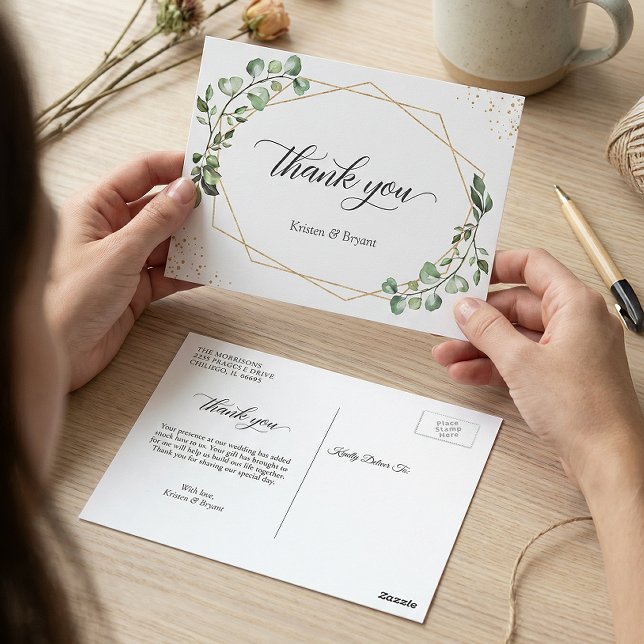 Cartão Postal Moldura Dourada Geométrica de Eucalipto Verde Obri (Criador carregado)