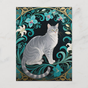 Cartão Postal Moldura Floral Ornamentada com Gato Cinza