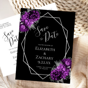 Cartão Postal Moldura Geométrica Prateada com Floral Roxo Preto 