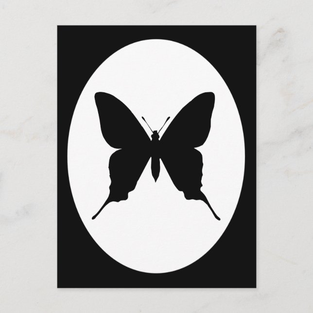 Cartão Postal Moldura Oval Preta e Branca Silhueta de Borboleta (Frente)