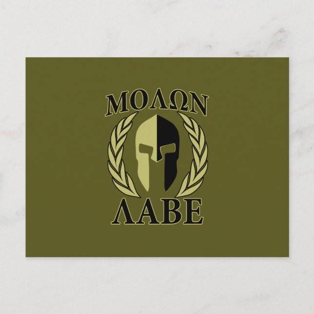 Cartão Postal Molon Labe Spartan Helmet Laurels Olive Green (Frente)