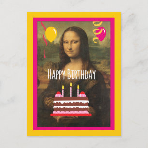Cartão Postal Mona Lisa Aniversário com Bolo e Balões