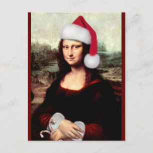 Cartão Postal Mona Lisa Chapéu de Papai Noel Natal
