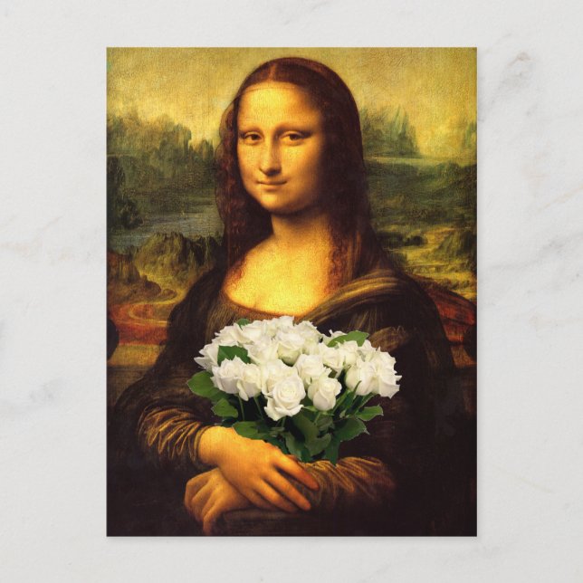 Cartão Postal Mona Lisa Com Buquê De Rosas Brancas (Frente)