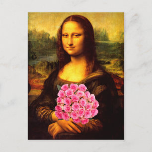 Cartão Postal Mona Lisa Com Buquê De Rosas Rosa