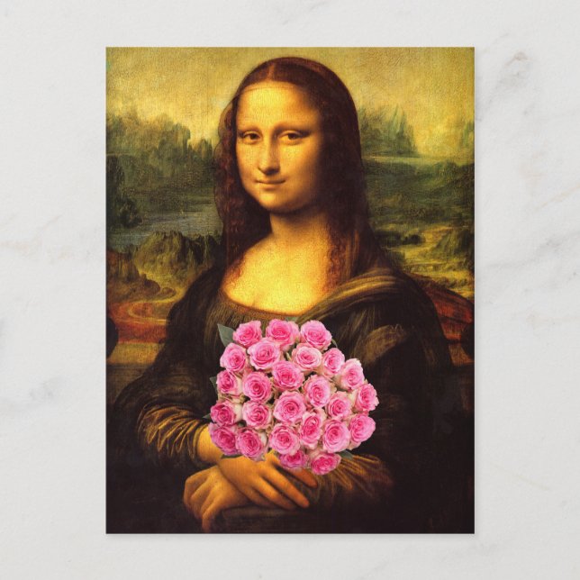 Cartão Postal Mona Lisa Com Buquê De Rosas Rosa (Frente)