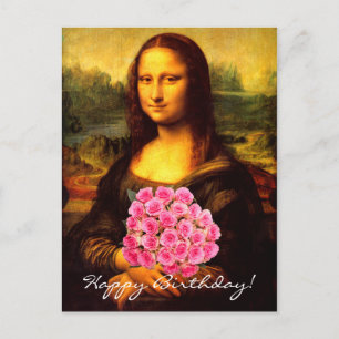 Cartão Postal Mona Lisa Com Buquê De Rosas Rosa