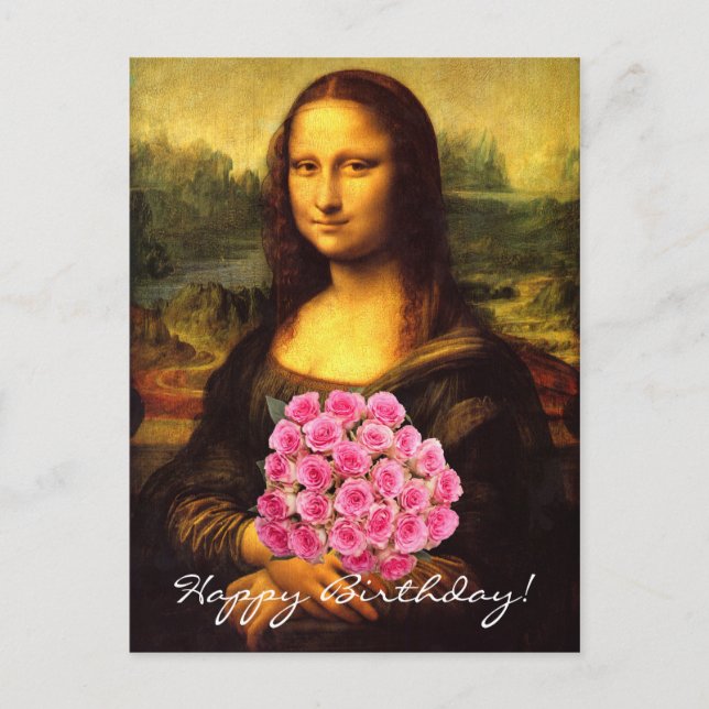 Cartão Postal Mona Lisa Com Buquê De Rosas Rosa (Frente)