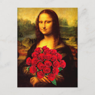 Cartão Postal Mona Lisa Com Buquê De Rosas Vermelhas