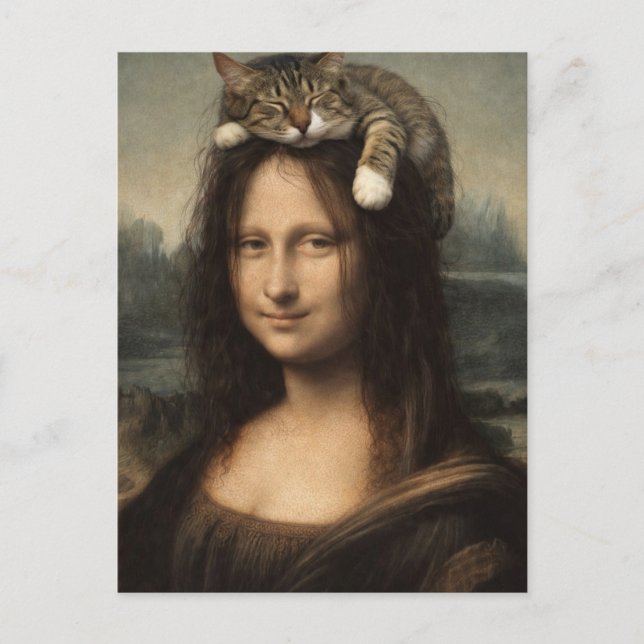 Cartão Postal Mona Lisa Com Gato Adormecido (Frente)