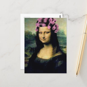 Cartão Postal Mona Lisa com roletas cor-de-rosa Leonardo da Vinc