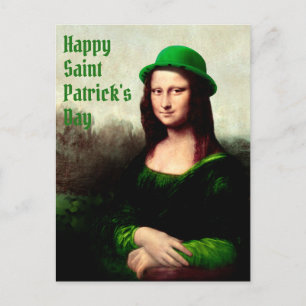 Cartão Postal Mona Lisa Dia de São Patrício Trevo