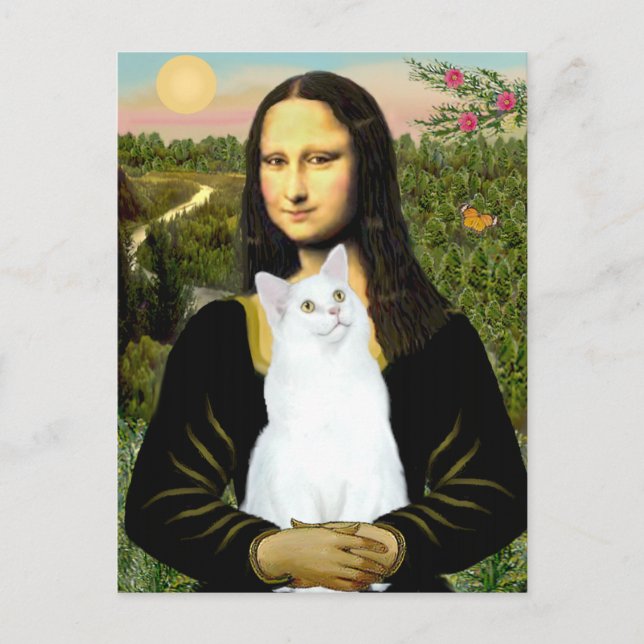 Cartão Postal Mona Lisa e gato branco (Frente)
