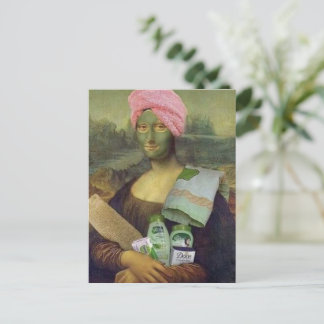 Cartão Postal Mona Lisa engraçada fazendo o Skincare Leonardo da