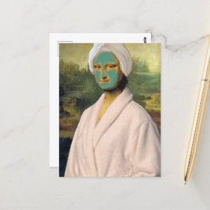 Cartão Postal Mona Lisa engraçada fazendo skincare vestindo um r