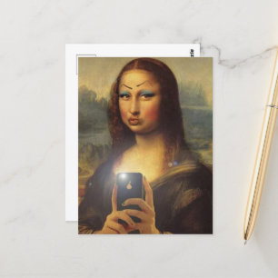 Cartão Postal Mona Lisa fazer um rosto engraçado com maquiagem