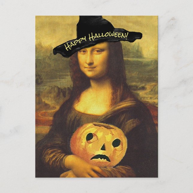 Cartão Postal Mona Lisa Original Bruxa Feliz do Halloween (Frente)