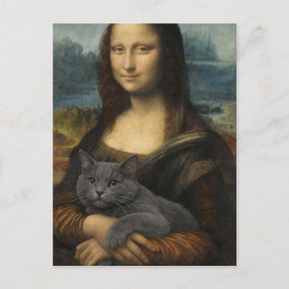 Cartão Postal Mona Lisa segurando gato cinza elegante