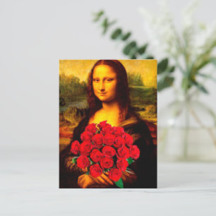 Cartão Postal Mona Lisa segurando rosas vermelhas Leonardo Da Vi
