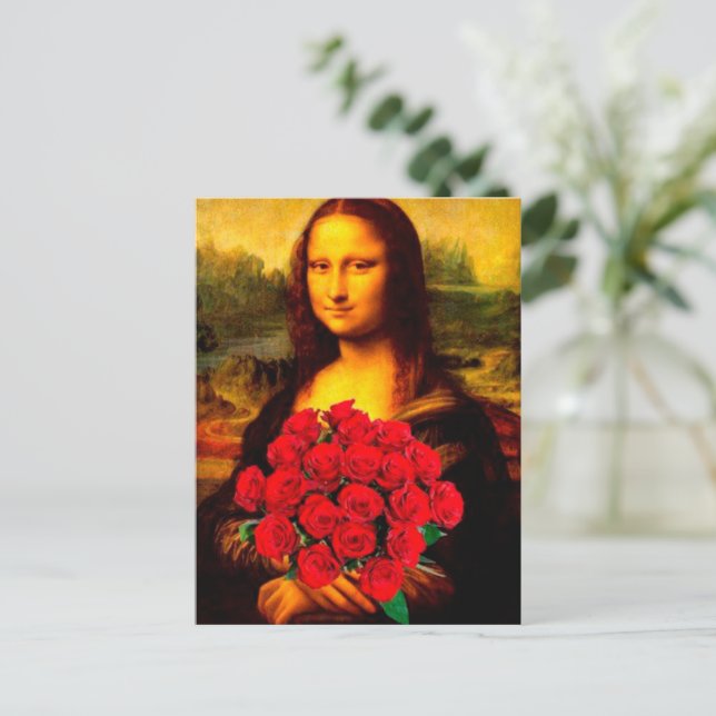 Cartão Postal Mona Lisa segurando rosas vermelhas Leonardo Da Vi (Em pé/Frente)