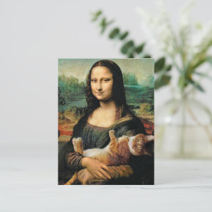 Cartão Postal Mona Lisa segurando seu gato Leonardo da Vinci