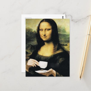 Cartão Postal Mona Lisa segurando uma xícara de chá Leonardo da