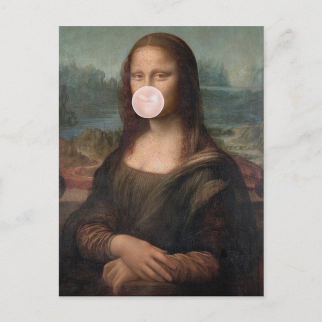 Cartão Postal Mona Lisa soprando chiclete rosa (Frente)
