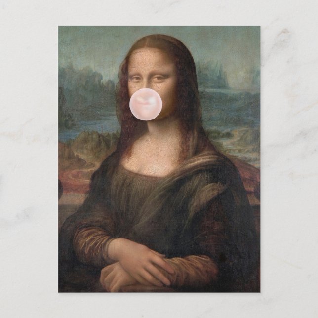Cartão Postal Mona Lisa soprando chiclete rosa (Frente)