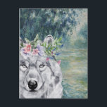 Cartão Postal Monet Morning Seine e Wolf Cinza<br><div class="desc">A bela compilação artística mostra a Manhã de Claude Monet no Sena como um fundo com retrato de lobo cinza com cobertura floral de cor d'água.</div>