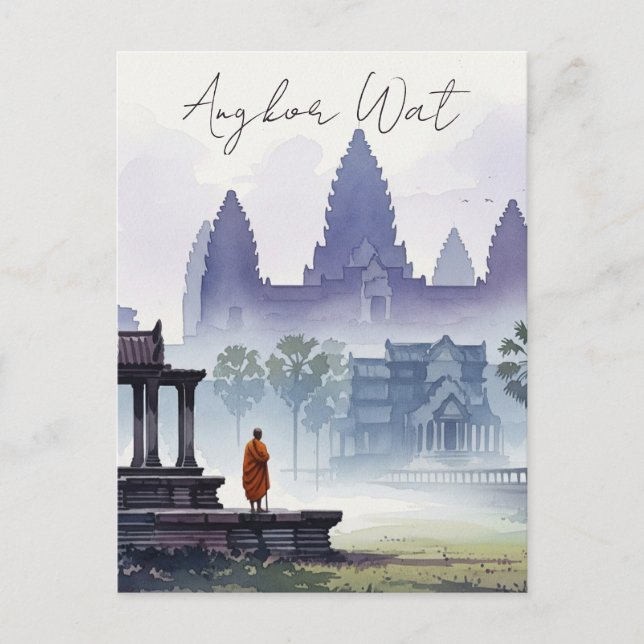 Cartão Postal Monge em Angkor Wat Cambodja Watercolor (Frente)