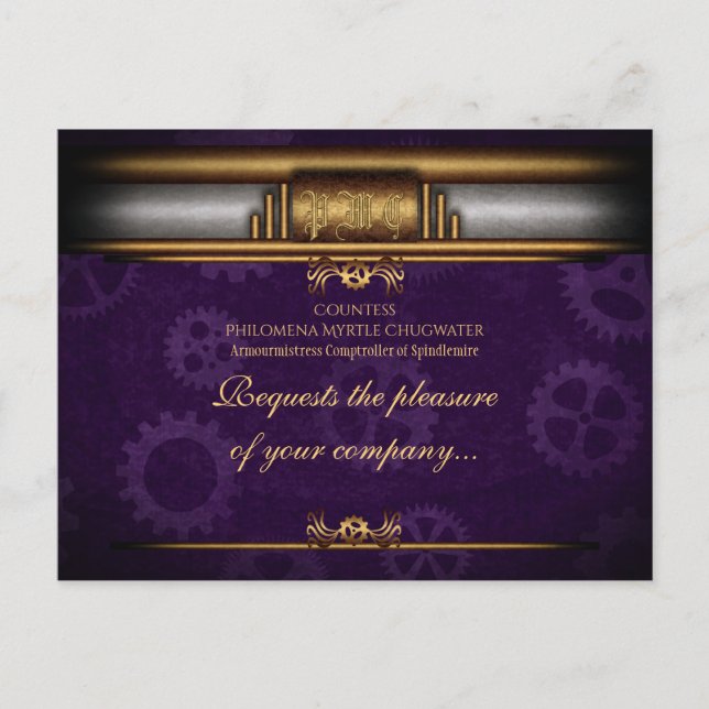 Cartão Postal Monograma com Deco, latão e roxo real (Frente)