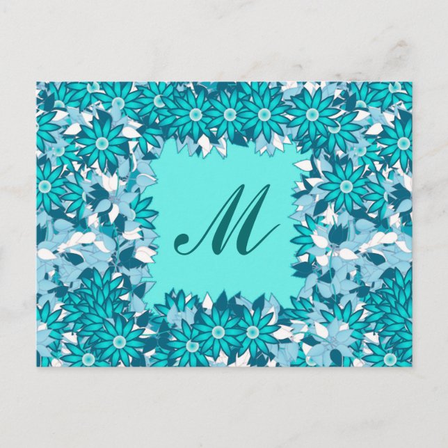 Cartão Postal Monograma com flores - azul e branco (Frente)
